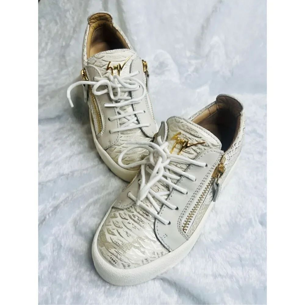 Giuseppe Zanotti Gold/Cream Python Embossed Leather And Leather Double Zip Low T